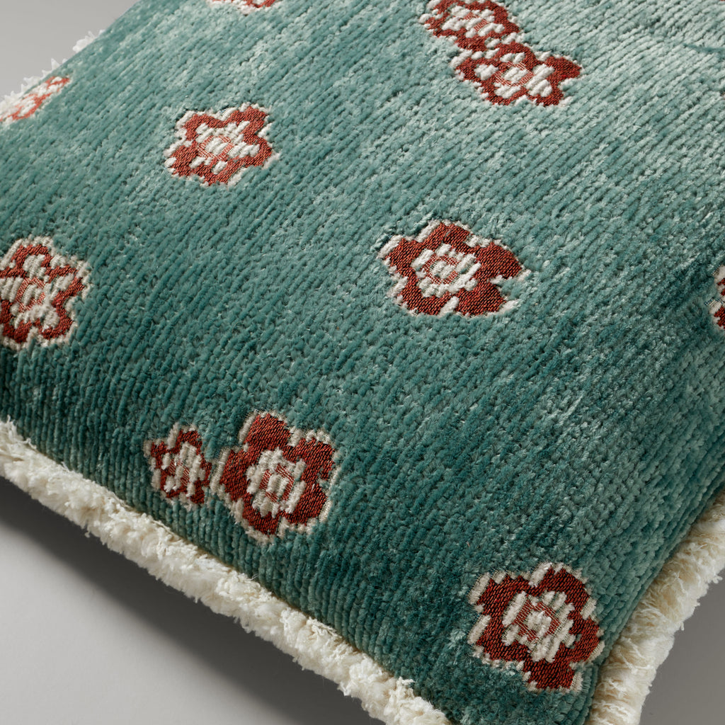 GM bear fringe cushion, 50X50, green/rust