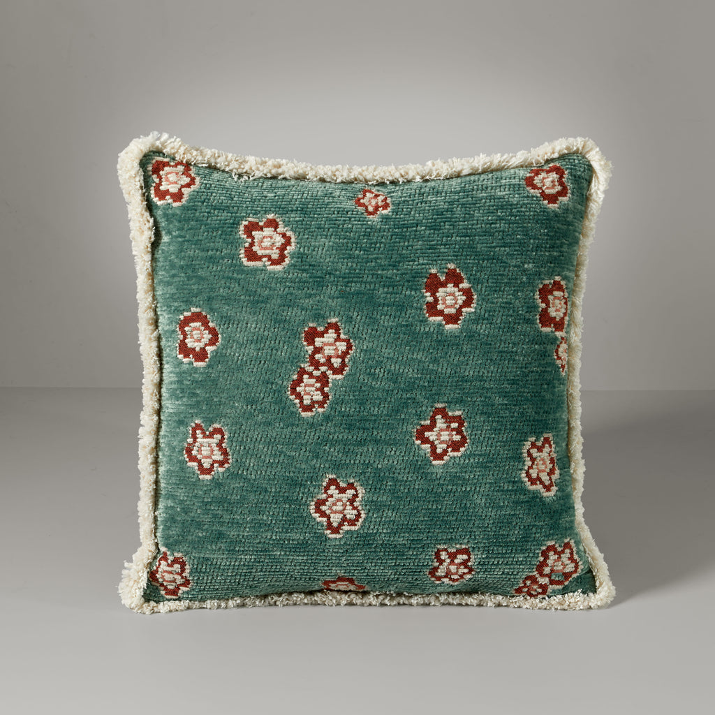 GM bear fringe cushion, 50X50, green/rust