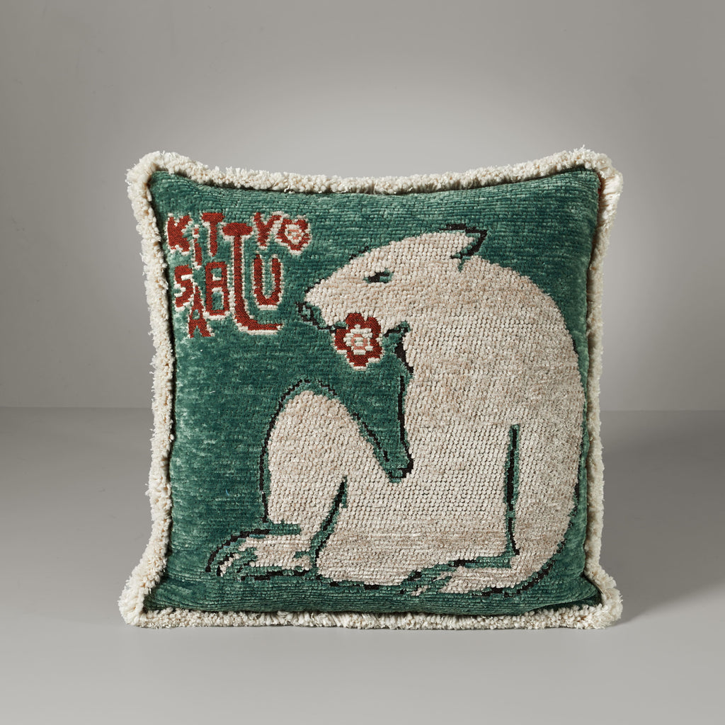GM bear fringe cushion, 50X50, green/rust