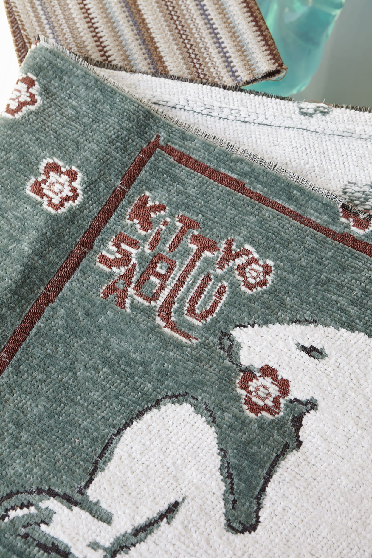GM bear fringe cushion, 50X50, green/rust